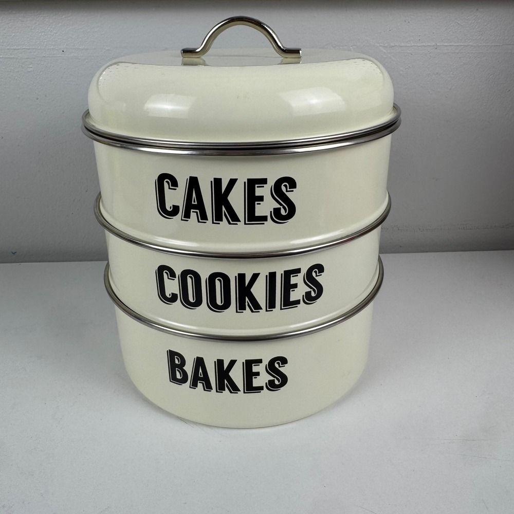 Typhoon Living Retro Cream Enamel 3 Tier Nesting Cake Cookie Bakes Storage Tin